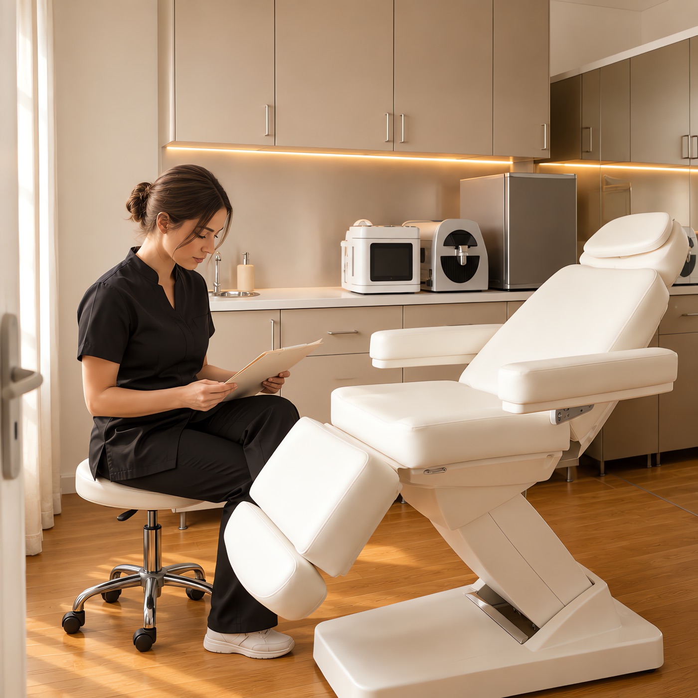 Beauty therapist in a treatment room bathed in natural light
